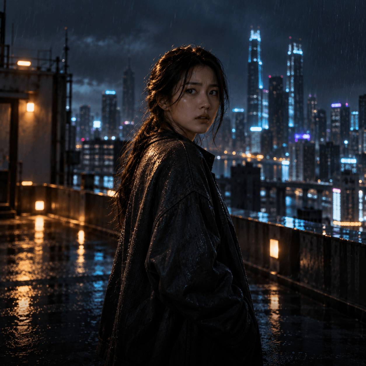 Mina Park on a rain-lit rooftop at night